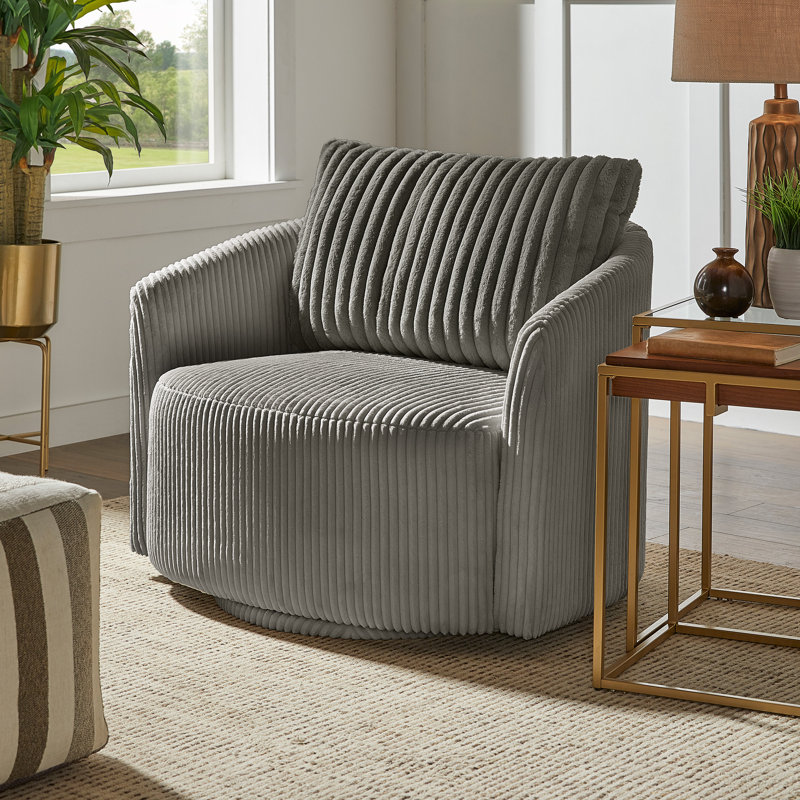 Doniphan Oversized Wale Corduroy Swivel Accent Chair with Furry Channel Pillow Willa Arlo Interiors Fabric Beige Corduroy
